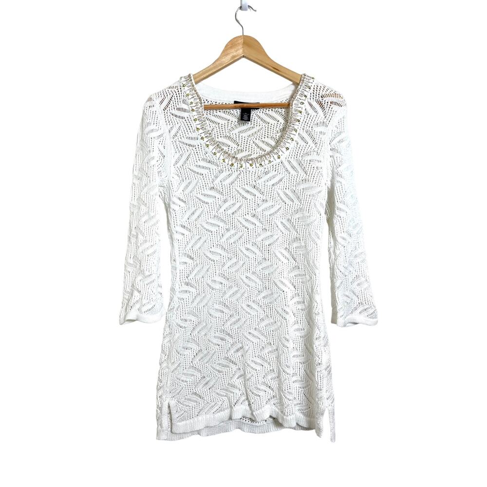 White House Black Market Women’s White Knit Beaded Neck Tunic Blouse Size M